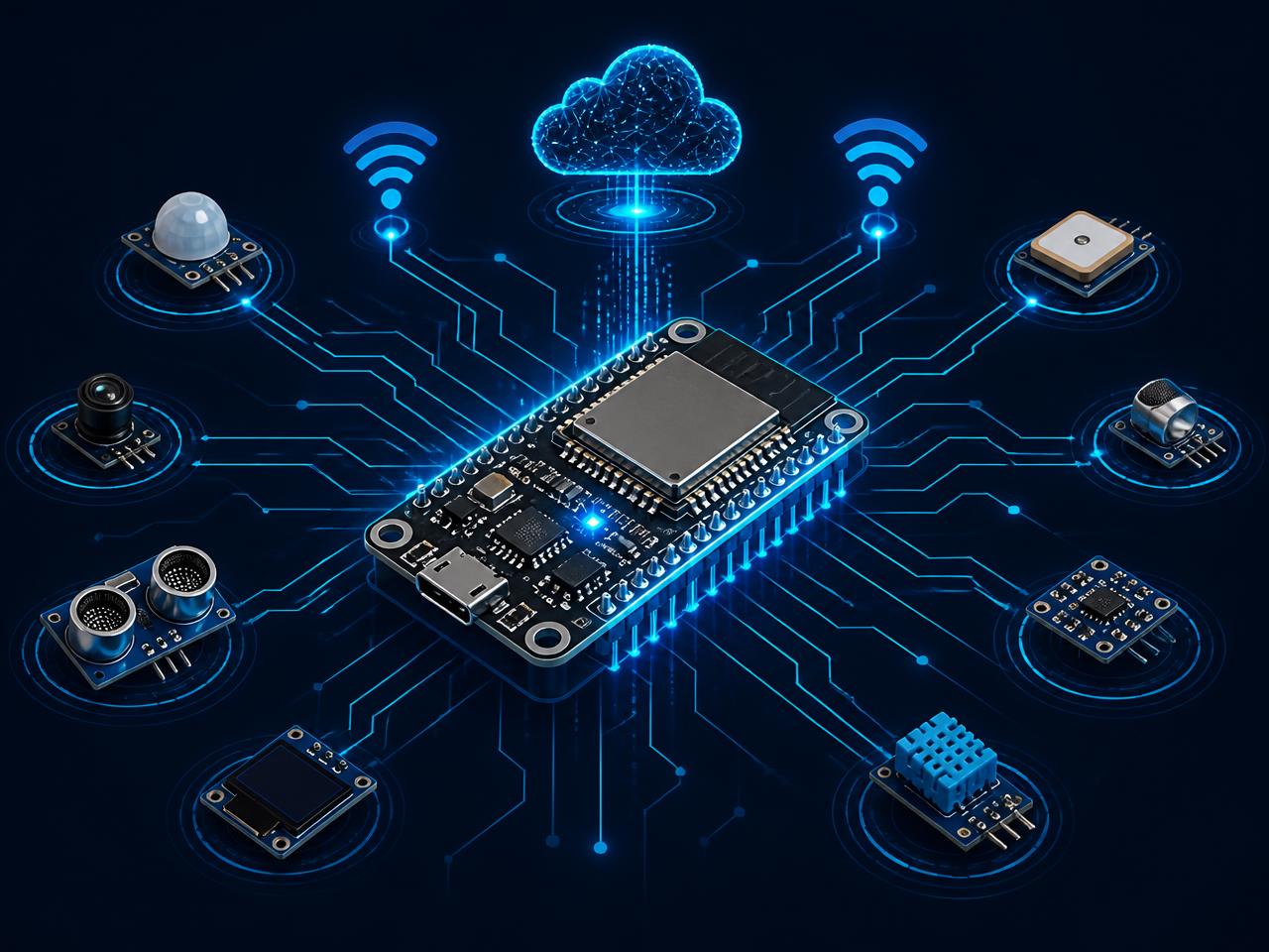 ESP32 embedded board connected to sensors, wireless links and a cloud service